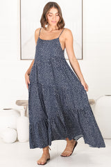 Kana Maxi Dress - Spaghetti Strap Asymmetric Tiered Dress in Bell Print