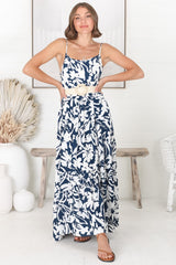 Kana Maxi Dress - Spaghetti Strap Asymmetric Tiered Dress in Charis Print Blue