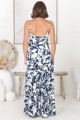 Kana Maxi Dress - Spaghetti Strap Asymmetric Tiered Dress in Charis Print Blue