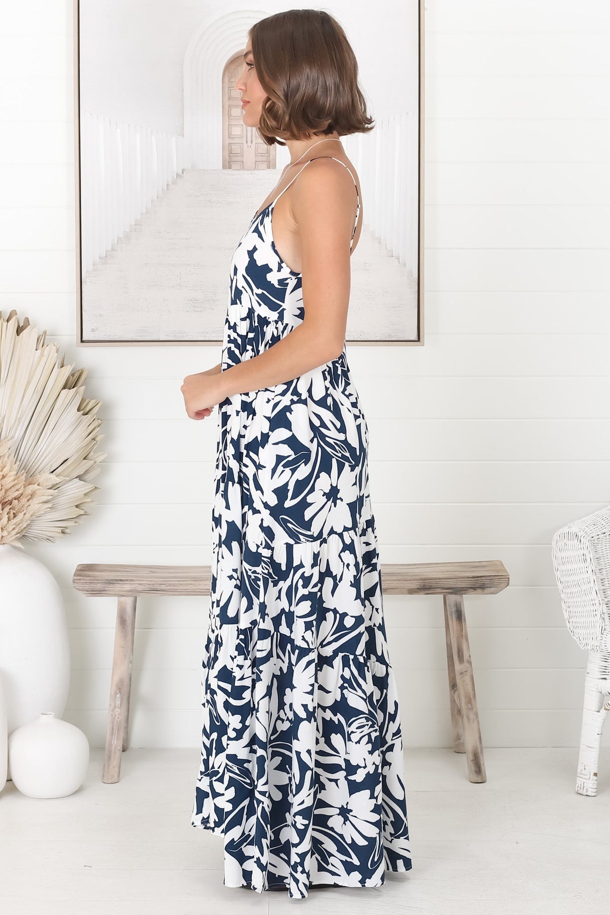 Kana Maxi Dress - Spaghetti Strap Asymmetric Tiered Dress in Charis Print Blue