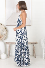 Kana Maxi Dress - Spaghetti Strap Asymmetric Tiered Dress in Charis Print Blue