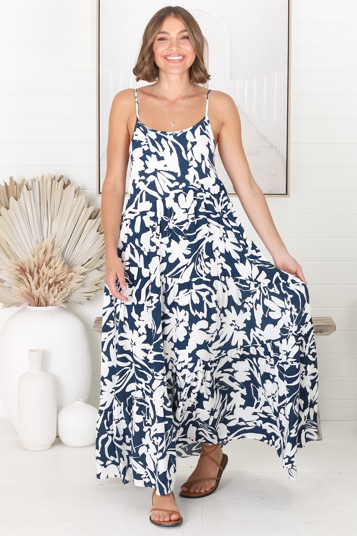 Kana Maxi Dress - Spaghetti Strap Asymmetric Tiered Dress in Charis Print Blue