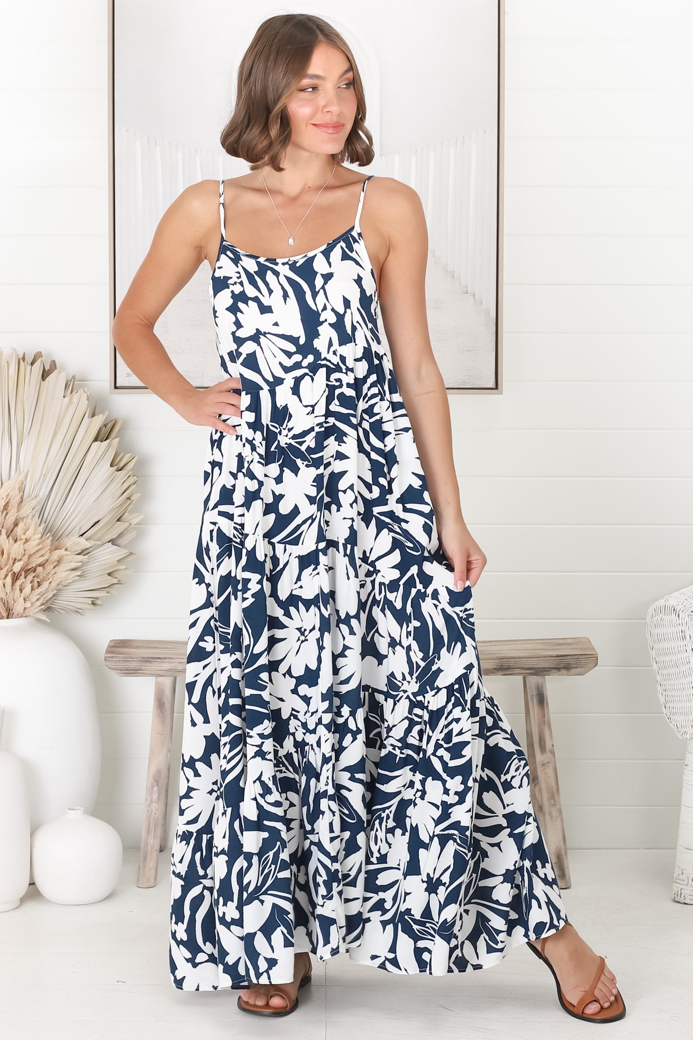 Kana Maxi Dress - Spaghetti Strap Asymmetric Tiered Dress in Charis Print Blue