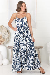 Kana Maxi Dress - Spaghetti Strap Asymmetric Tiered Dress in Charis Print Blue