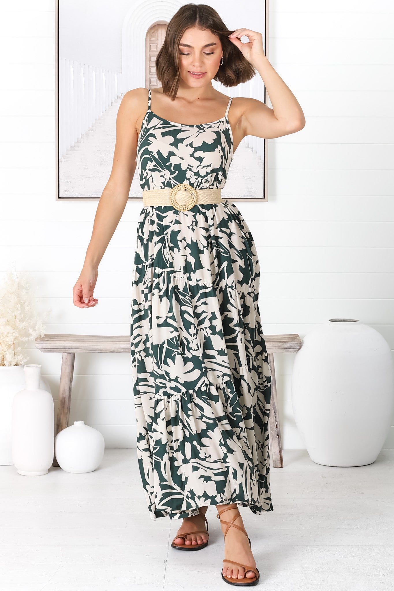 Kana Maxi Dress - Spaghetti Strap Asymmetric Tiered Dress in Charis Print Emerald