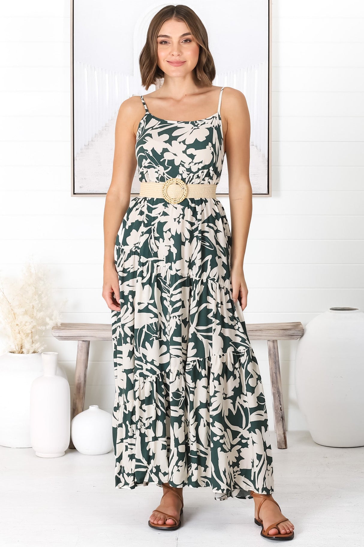 Kana Maxi Dress - Spaghetti Strap Asymmetric Tiered Dress in Charis Print Emerald