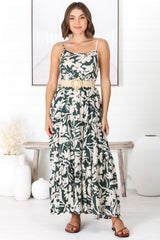 Kana Maxi Dress - Spaghetti Strap Asymmetric Tiered Dress in Charis Print Emerald