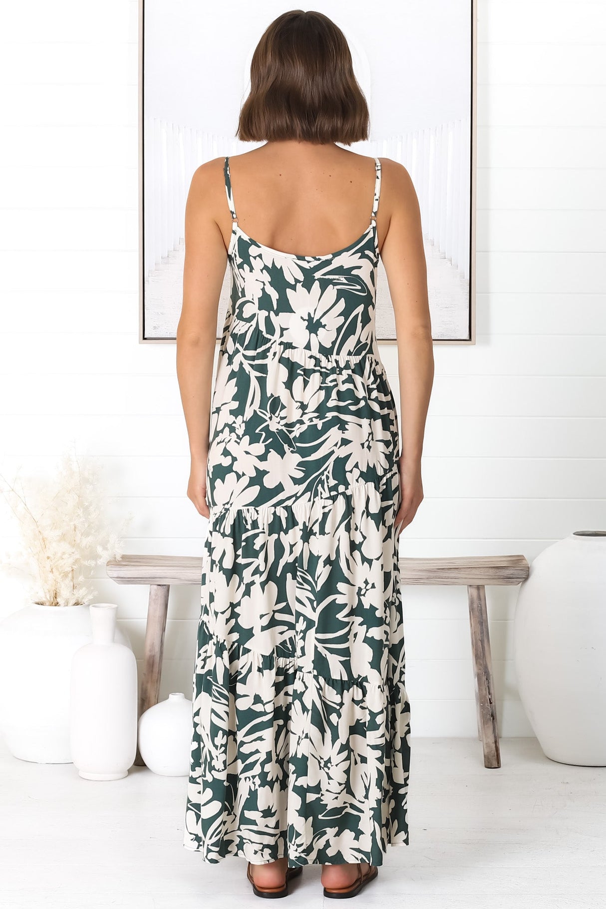 Kana Maxi Dress - Spaghetti Strap Asymmetric Tiered Dress in Charis Print Emerald