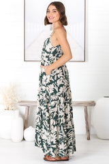 Kana Maxi Dress - Spaghetti Strap Asymmetric Tiered Dress in Charis Print Emerald