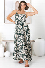 Kana Maxi Dress - Spaghetti Strap Asymmetric Tiered Dress in Charis Print Emerald