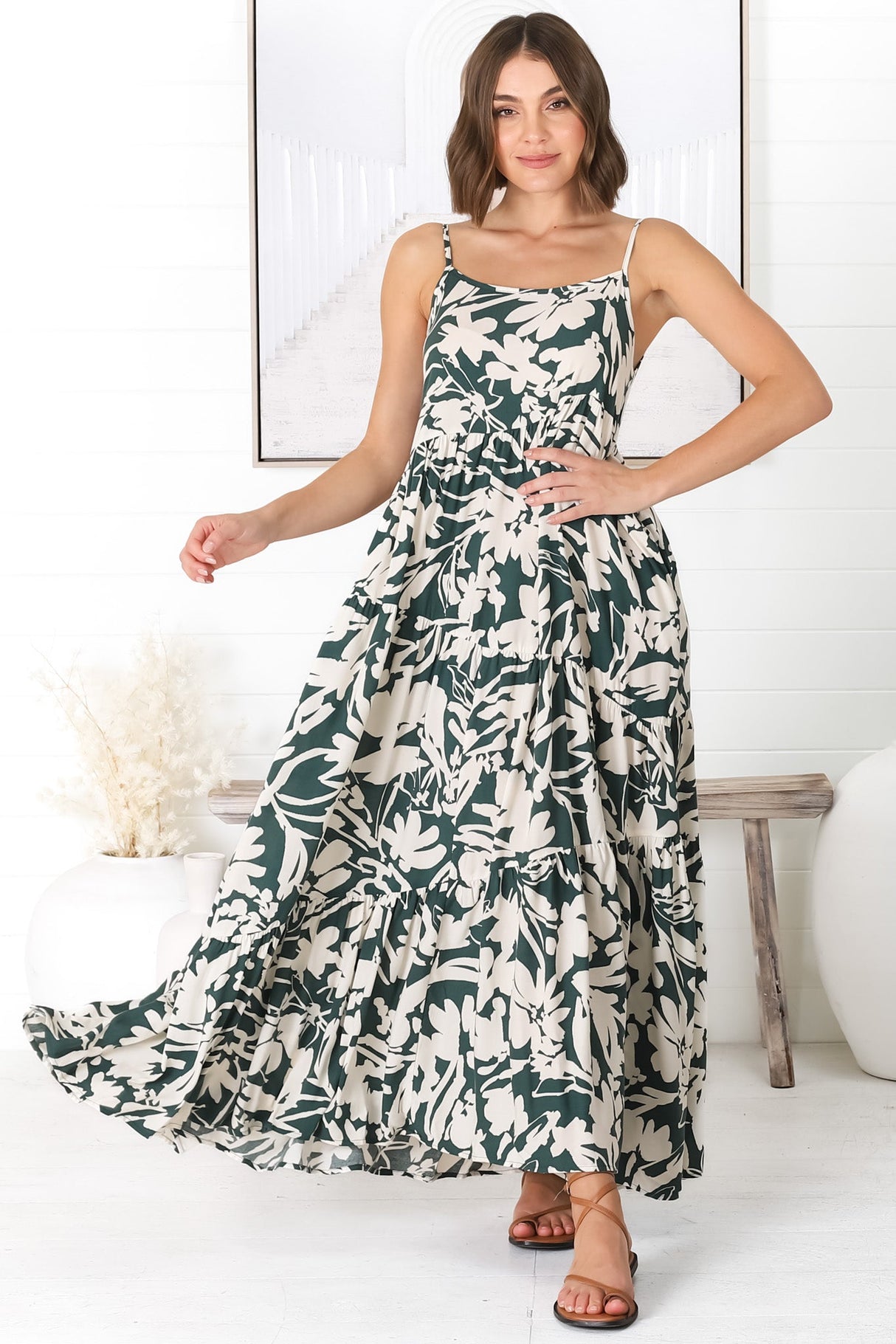 Kana Maxi Dress - Spaghetti Strap Asymmetric Tiered Dress in Charis Print Emerald