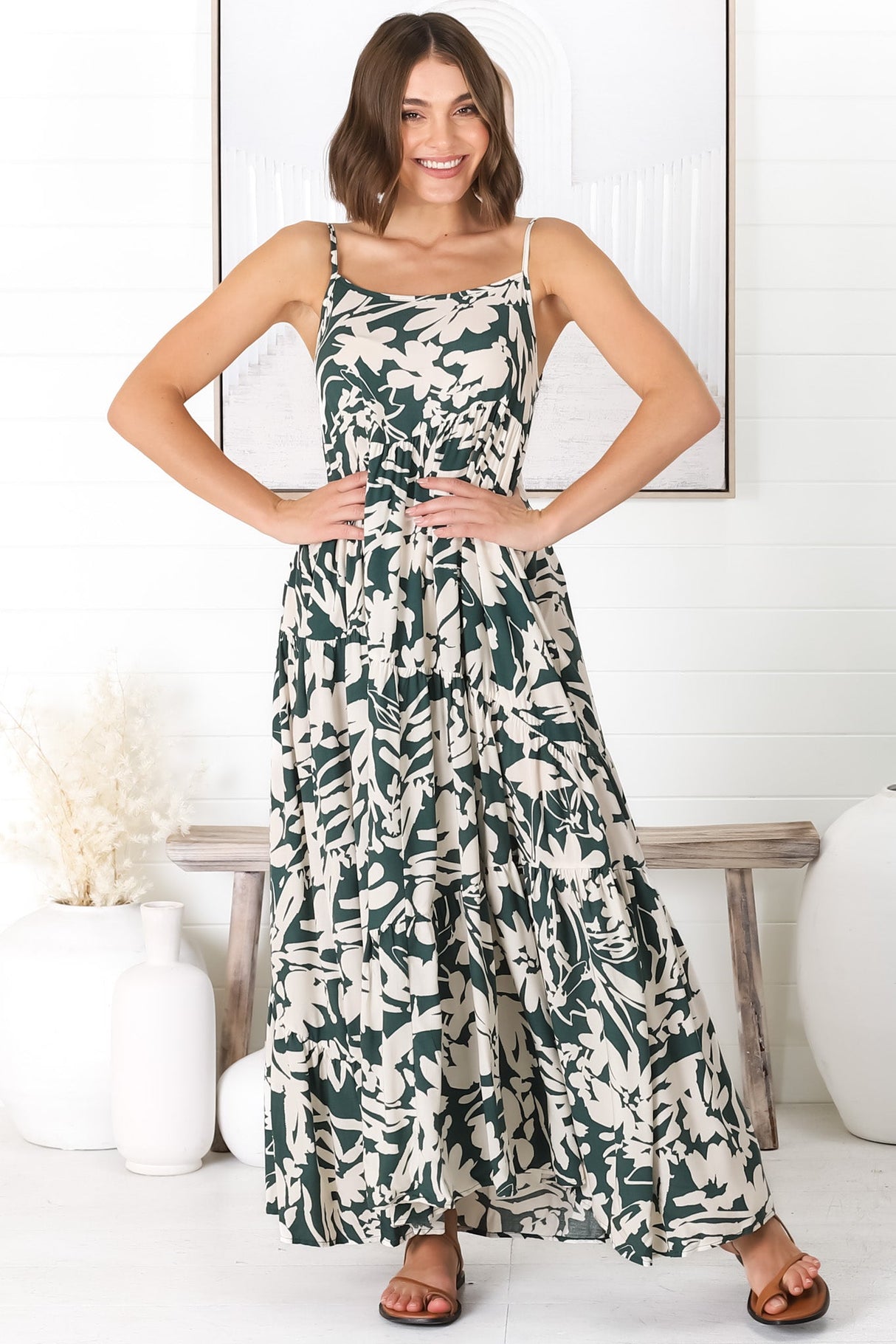 Kana Maxi Dress - Spaghetti Strap Asymmetric Tiered Dress in Charis Print Emerald