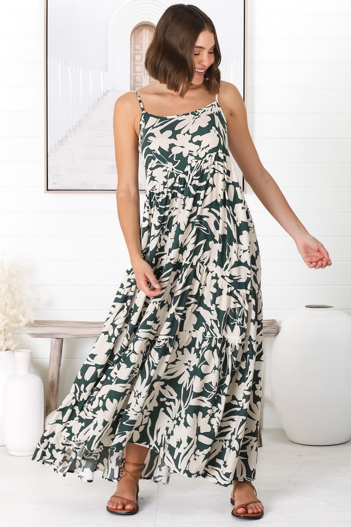 Kana Maxi Dress - Spaghetti Strap Asymmetric Tiered Dress in Charis Print Emerald