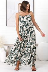 Kana Maxi Dress - Spaghetti Strap Asymmetric Tiered Dress in Charis Print Emerald