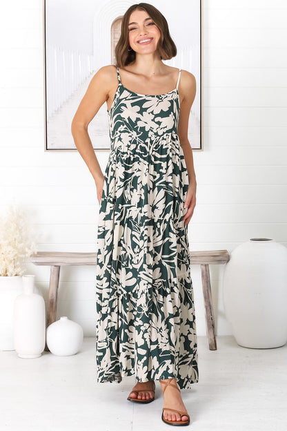 Kana Maxi Dress - Spaghetti Strap Asymmetric Tiered Dress in Charis Print Emerald