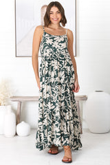 Kana Maxi Dress - Spaghetti Strap Asymmetric Tiered Dress in Charis Print Emerald