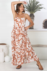 Kana Maxi Dress - Spaghetti Strap Asymmetric Tiered Dress in Charis Print Rust