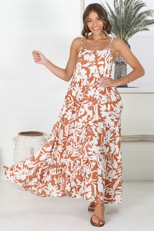 Kana Maxi Dress - Spaghetti Strap Asymmetric Tiered Dress in Charis Print Rust