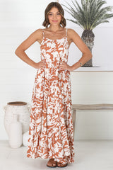 Kana Maxi Dress - Spaghetti Strap Asymmetric Tiered Dress in Charis Print Rust