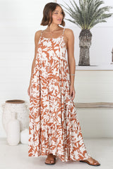 Kana Maxi Dress - Spaghetti Strap Asymmetric Tiered Dress in Charis Print Rust