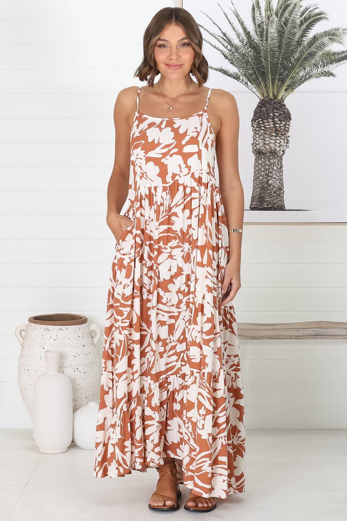 Kana Maxi Dress - Spaghetti Strap Asymmetric Tiered Dress in Charis Print Rust