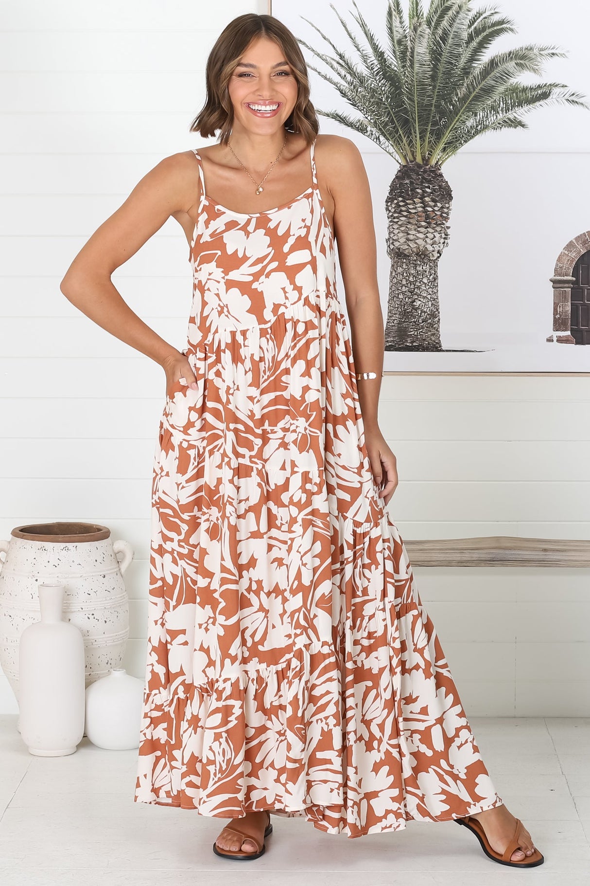 Kana Maxi Dress - Spaghetti Strap Asymmetric Tiered Dress in Charis Print Rust