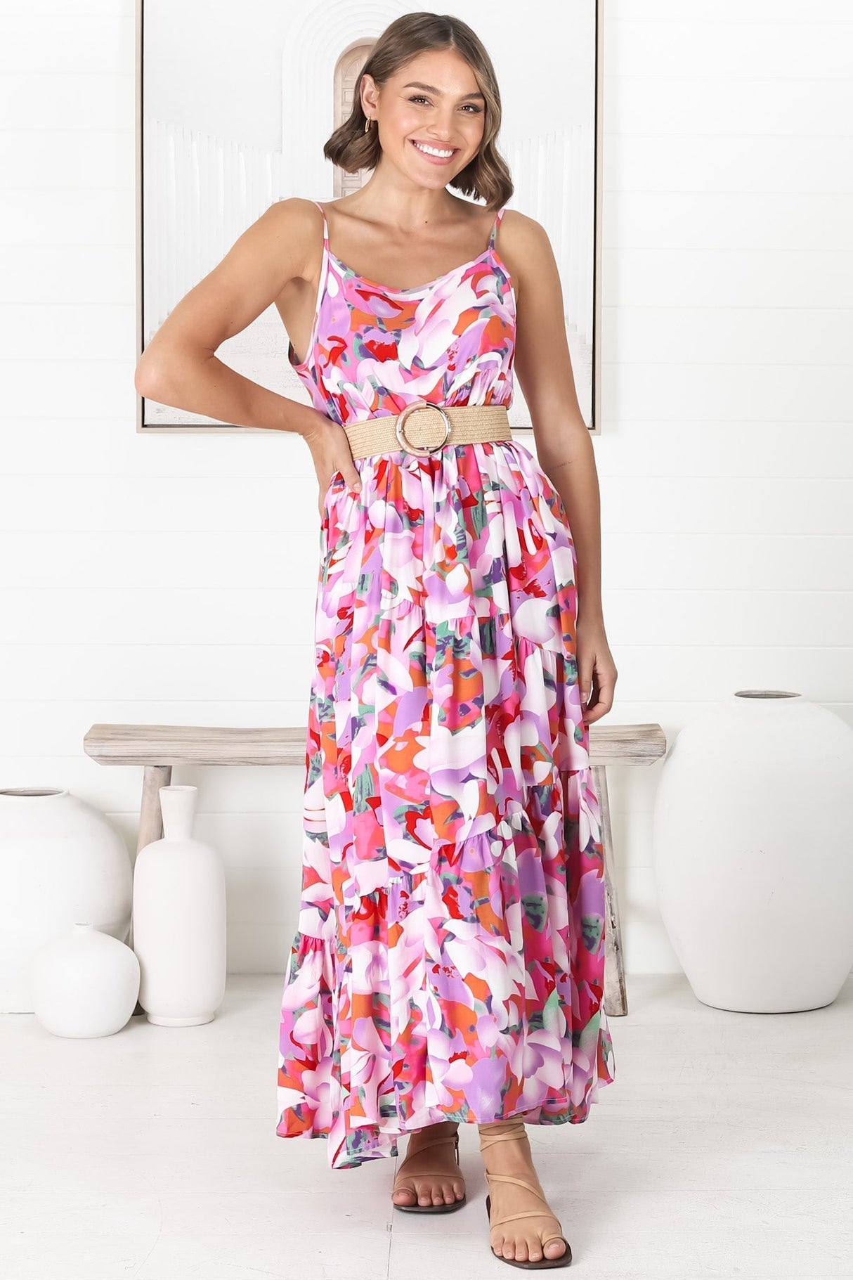 Kana Maxi Dress - Spaghetti Strap Asymmetric Tiered Dress in Zaya Print