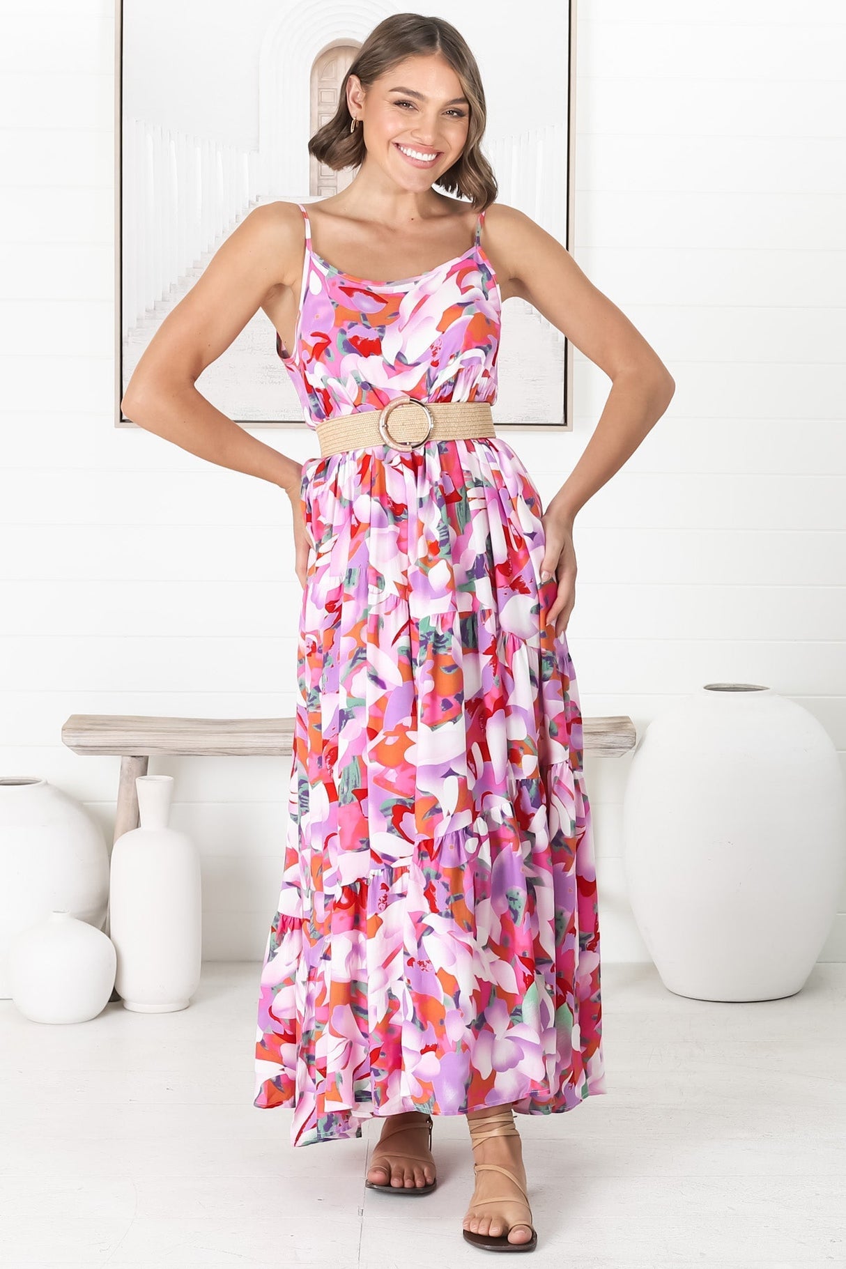 Kana Maxi Dress - Spaghetti Strap Asymmetric Tiered Dress in Zaya Print