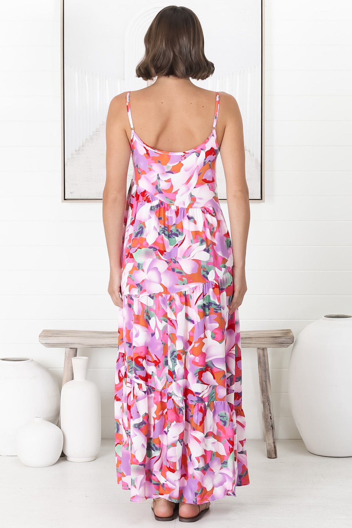 Kana Maxi Dress - Spaghetti Strap Asymmetric Tiered Dress in Zaya Print