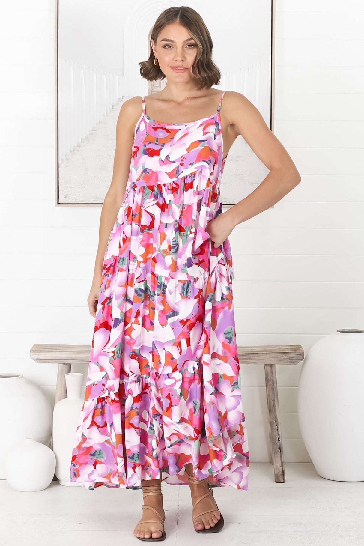 Kana Maxi Dress - Spaghetti Strap Asymmetric Tiered Dress in Zaya Print