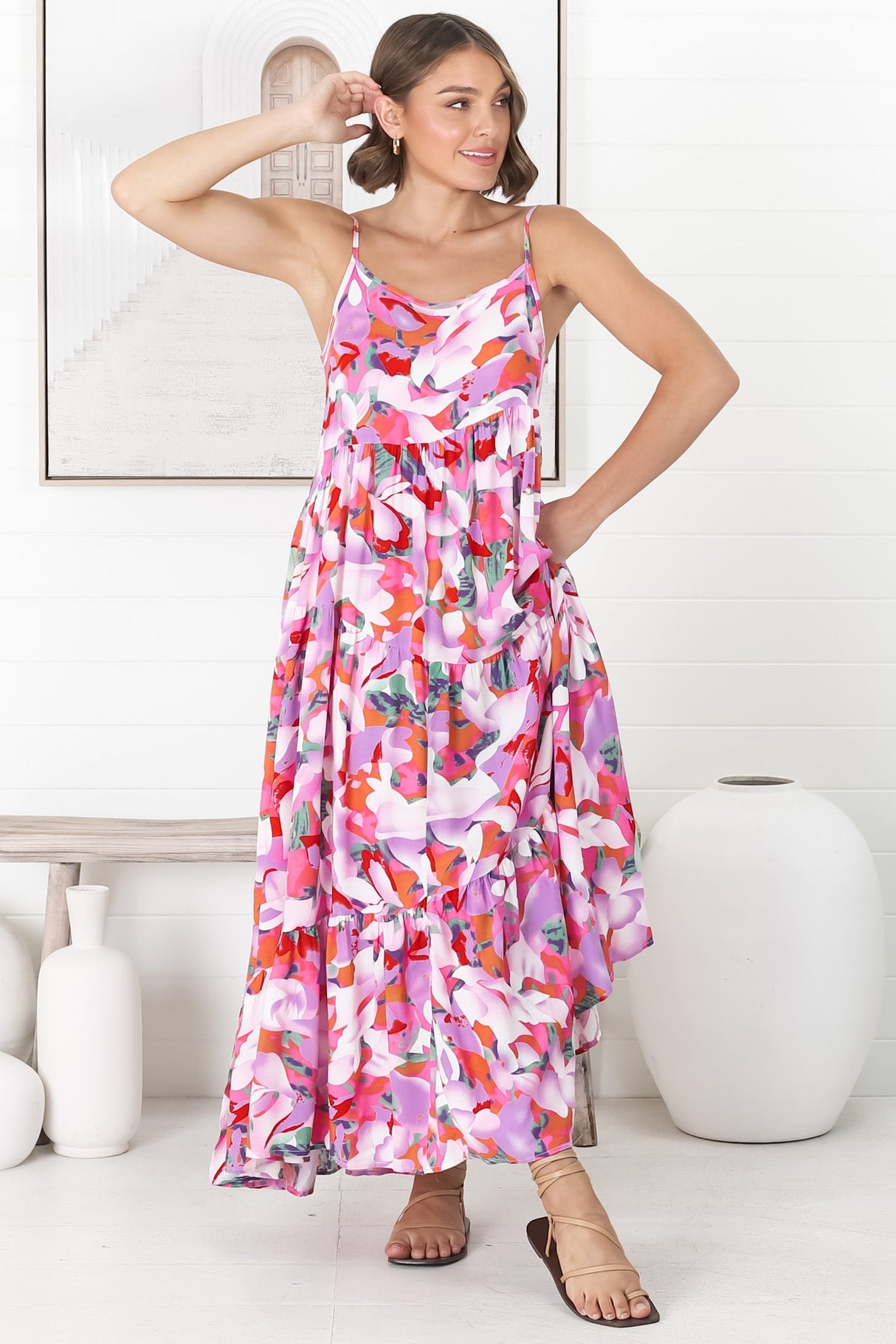 Kana Maxi Dress - Spaghetti Strap Asymmetric Tiered Dress in Zaya Print