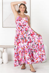 Kana Maxi Dress - Spaghetti Strap Asymmetric Tiered Dress in Zaya Print