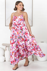 Kana Maxi Dress - Spaghetti Strap Asymmetric Tiered Dress in Zaya Print