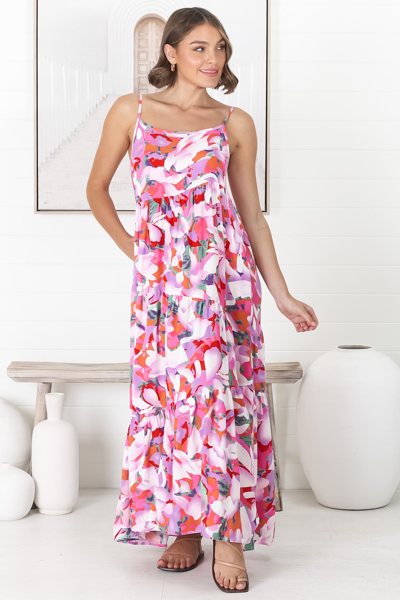 Kana Maxi Dress - Spaghetti Strap Asymmetric Tiered Dress in Zaya Print