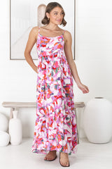 Kana Maxi Dress - Spaghetti Strap Asymmetric Tiered Dress in Zaya Print