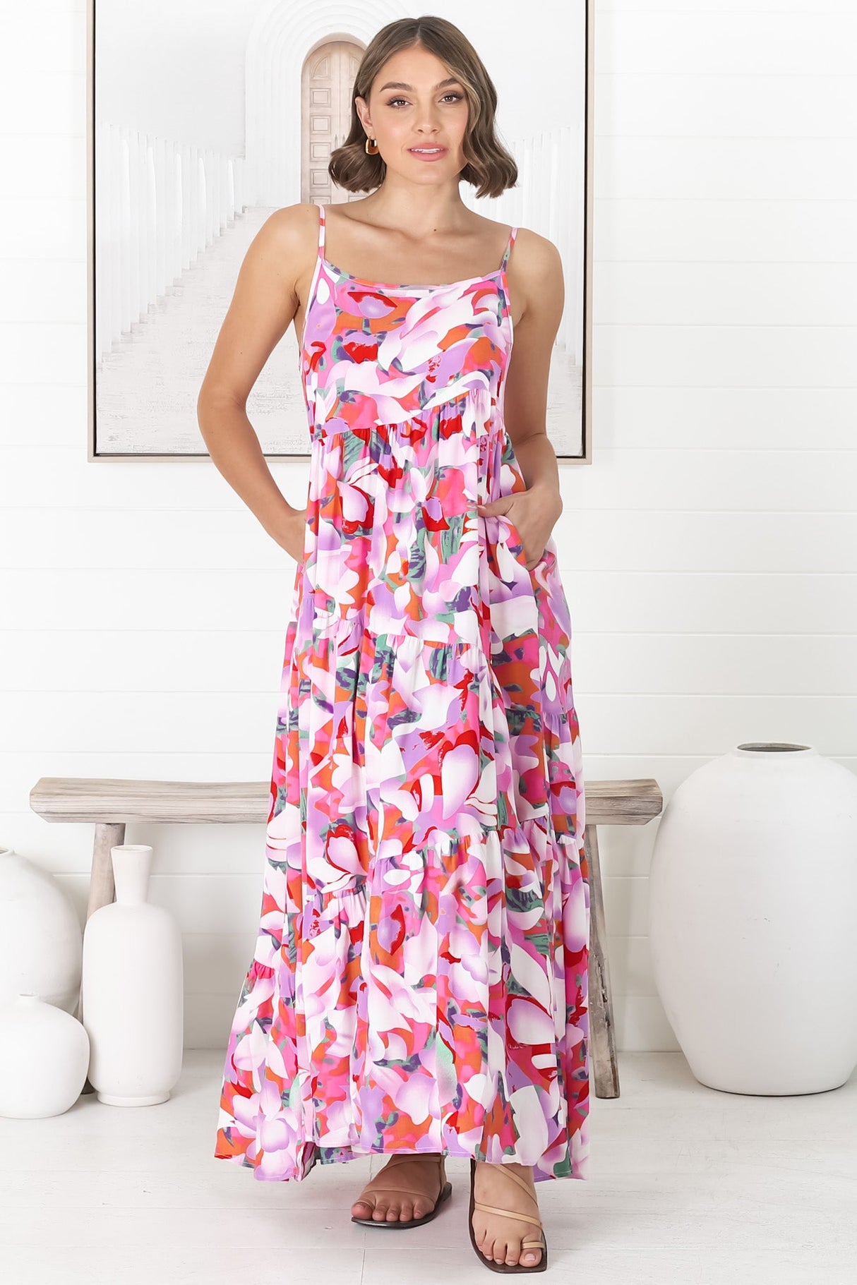 Kana Maxi Dress - Spaghetti Strap Asymmetric Tiered Dress in Zaya Print