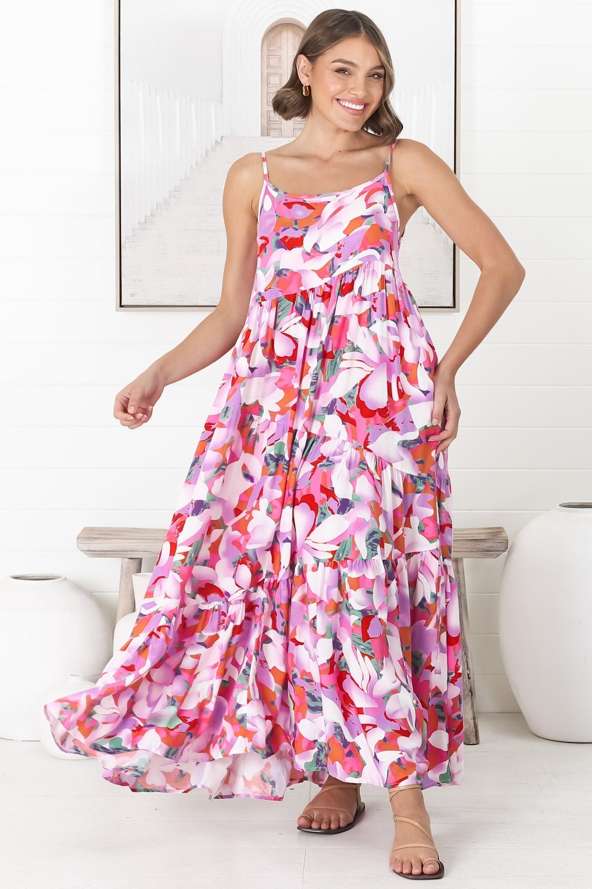 Kana Maxi Dress - Spaghetti Strap Asymmetric Tiered Dress in Zaya Print