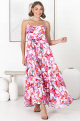 Kana Maxi Dress - Spaghetti Strap Asymmetric Tiered Dress in Zaya Print