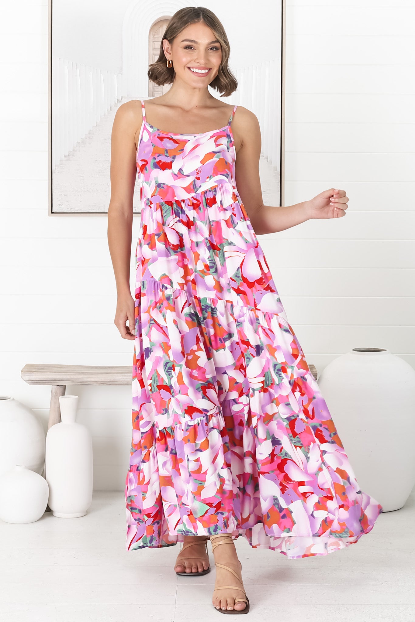 Kana Maxi Dress - Spaghetti Strap Asymmetric Tiered Dress in Zaya Print