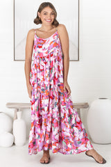 Kana Maxi Dress - Spaghetti Strap Asymmetric Tiered Dress in Zaya Print