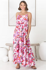 Kana Maxi Dress - Spaghetti Strap Asymmetric Tiered Dress in Zaya Print