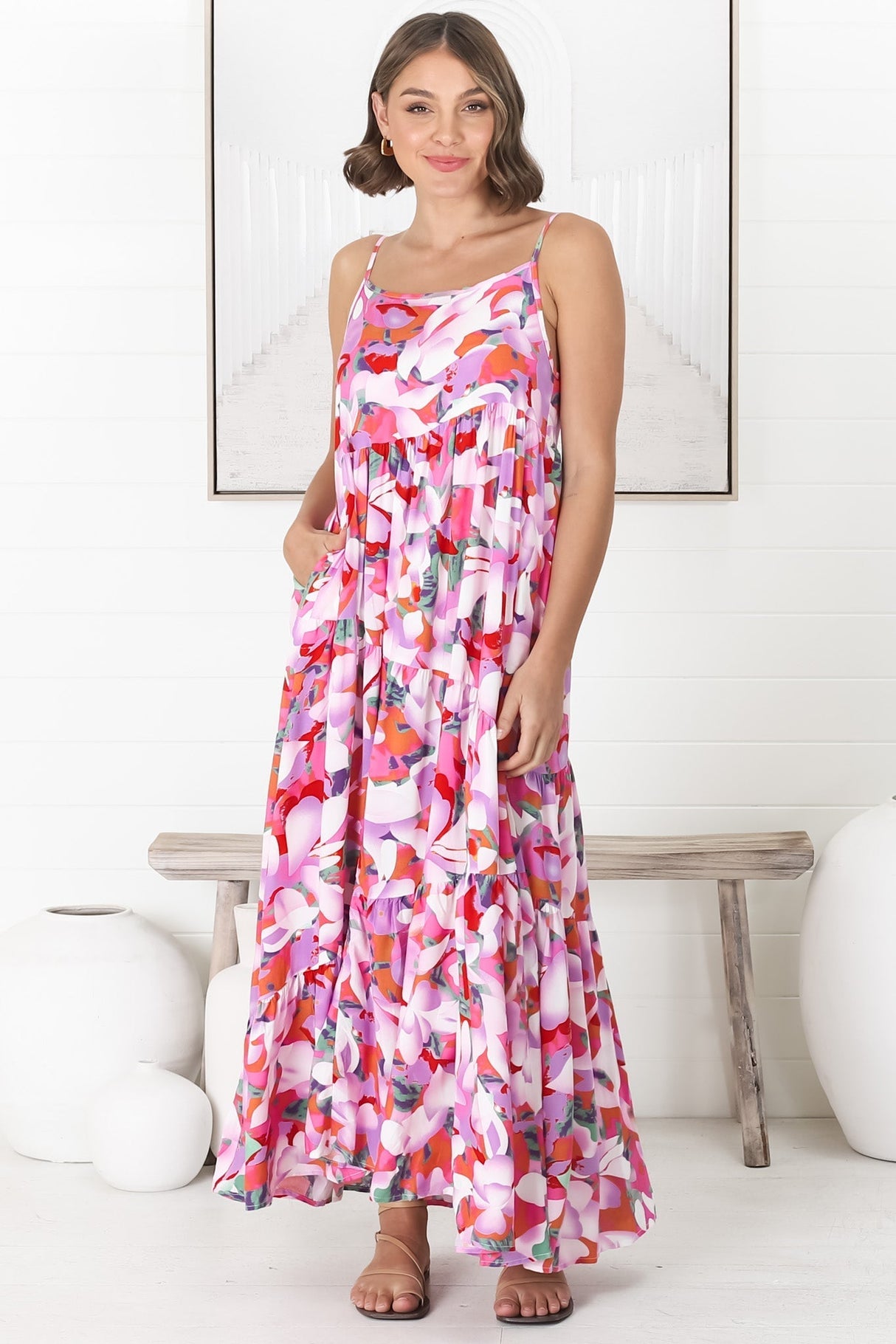 Kana Maxi Dress - Spaghetti Strap Asymmetric Tiered Dress in Zaya Print