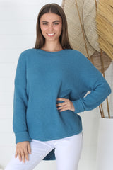 Kanza Jumper - Waffle Knit Scoop High-Low Hem Jumper in Blue