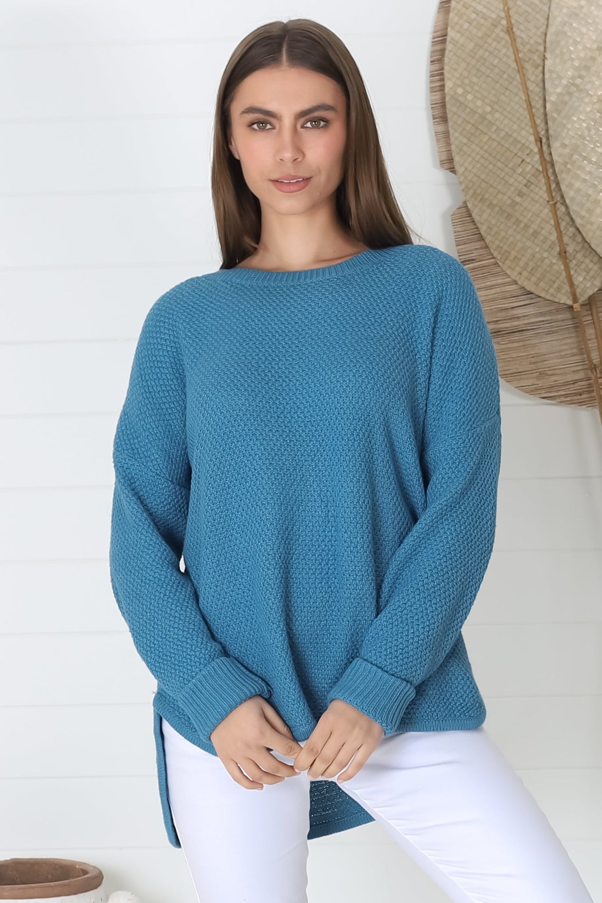 Kanza Jumper - Waffle Knit Scoop High-Low Hem Jumper in Blue