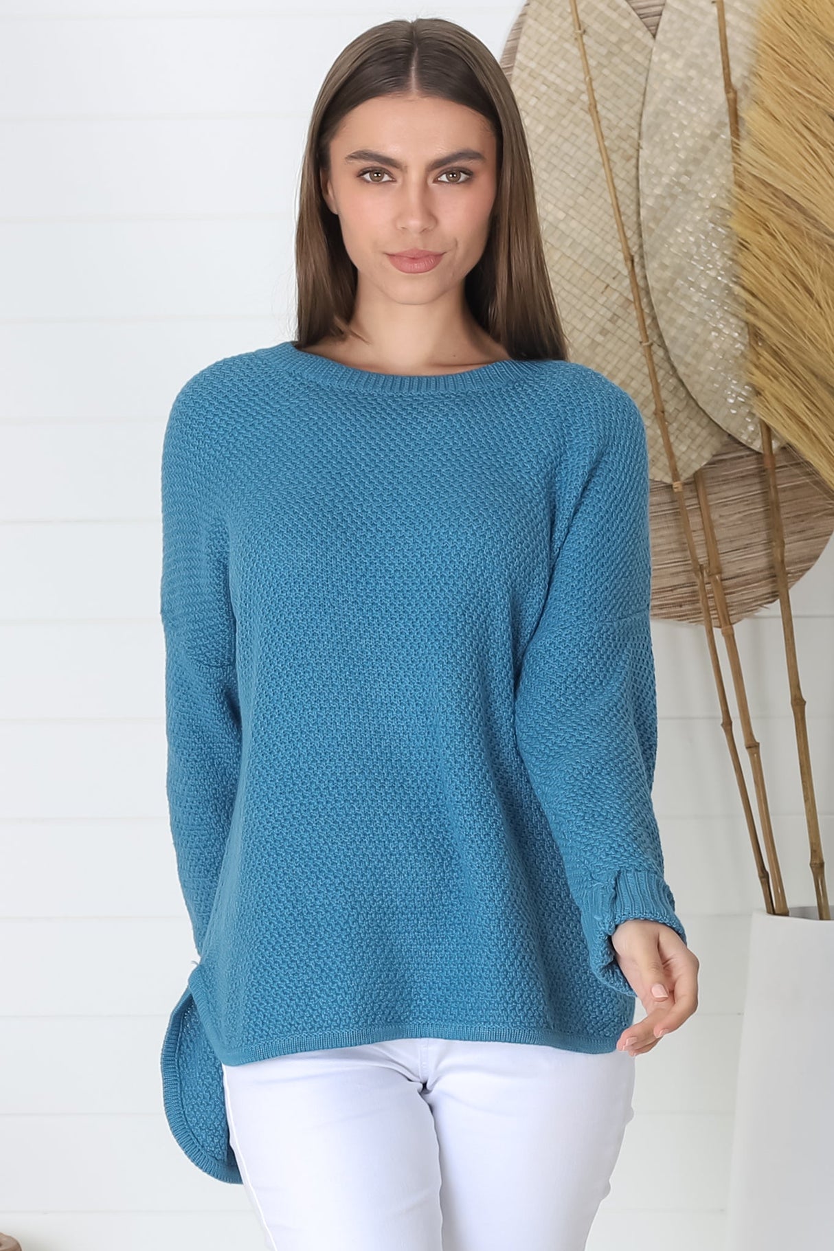 Kanza Jumper - Waffle Knit Scoop High-Low Hem Jumper in Blue