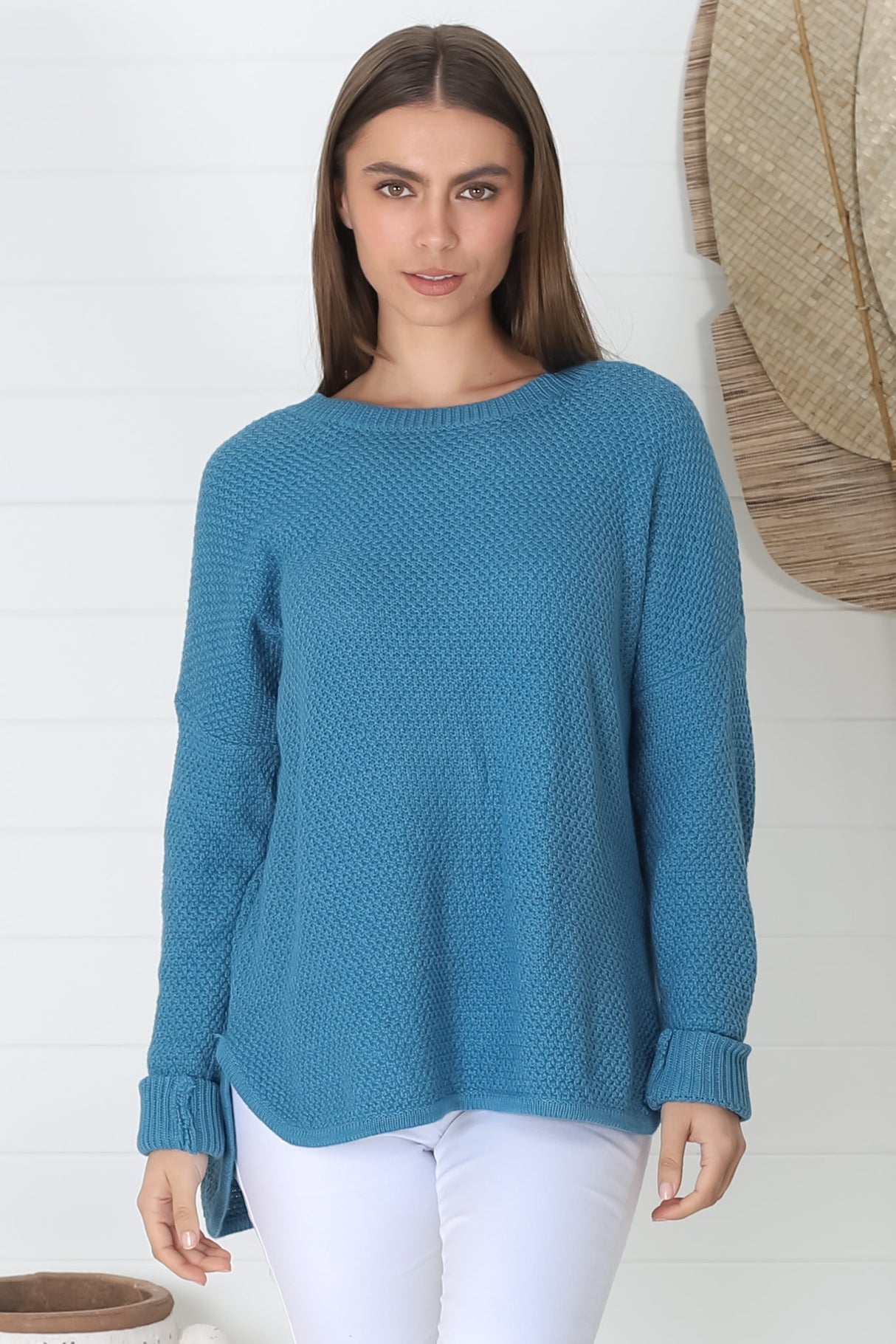 Kanza Jumper - Waffle Knit Scoop High-Low Hem Jumper in Blue