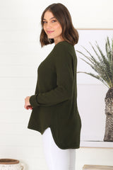 Kanza Jumper - Waffle Knit Scoop High-Low Hem Jumper in Military Green