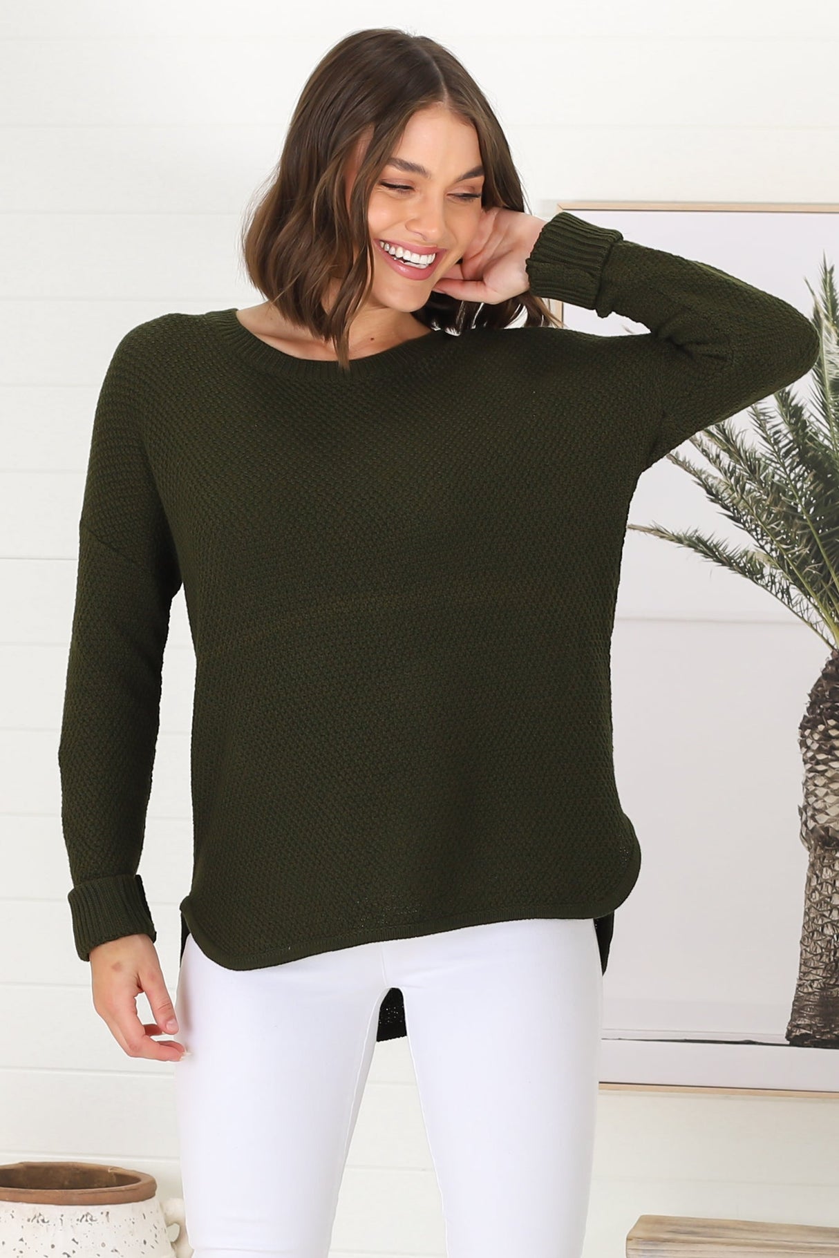 Kanza Jumper - Waffle Knit Scoop High-Low Hem Jumper in Military Green