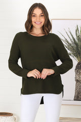 Kanza Jumper - Waffle Knit Scoop High-Low Hem Jumper in Military Green