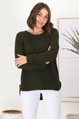 Kanza Jumper - Waffle Knit Scoop High-Low Hem Jumper in Military Green